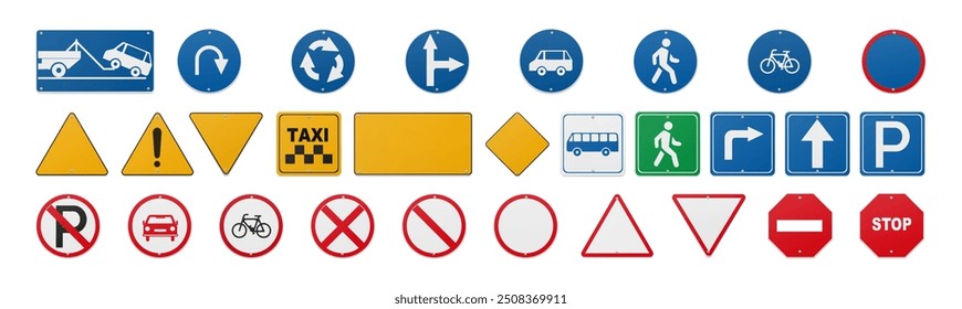 Roadway signs for pedestrians and drivers. Vector warning, prohibitory and informational, indicative and mandatory road markers. Navigation, traffic regulation or general descriptions signposts