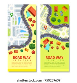Roadway top view vertical banners with  transport location on city map, residential houses isolated vector illustration