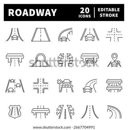 Roadway vector icons in line style. Roadway related icons. Road and traffic icons set