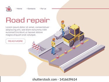 Roadwork and Asphalt Paving. Heavy Asphalting Machinery, Special Transport, Pavement Compactor. Construction Industry, Building Workers Remove Soil with Wheelbarrow. Isometric 3d Vector Illustration