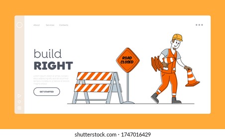 Roadwork and Asphalt Paving Landing Page Template. Worker Man Character in Overall Put Traffic Cone and Warning Road Closed Sign, Construction Industry, Highway Maintenance. Linear Vector Illustration