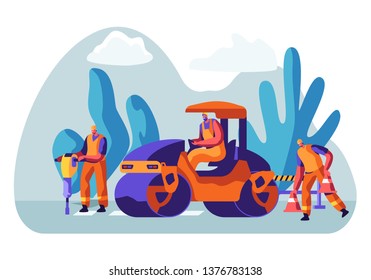 Roadwork and Asphalt Paving. Men in Overall Characters with Heavy Asphalting Machinery. Special Transport, Pavement Compactor. Construction Industry, Building Business Cartoon Flat Vector Illustration