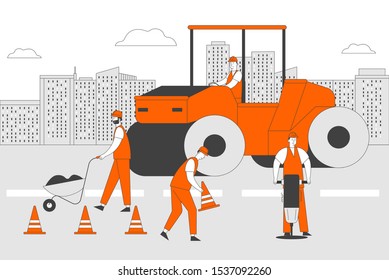 Roadwork and Asphalt Paving. Men in Overall with Heavy Asphalting Machinery. Special Transport, Pavement Compactor. Construction Industry, Building Business. Cartoon Flat Vector Illustration, Line Art