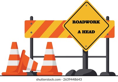 A roadwork sign with black lettering and orange and white traffic cones nearby sits on white.