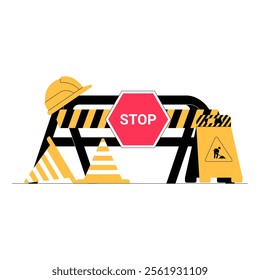 Roadwork Signage With Stop Board In Flat Vector Illustration Symbolizing Construction Safety, Warning, And Traffic Management, Isolated On White Background