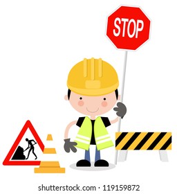 Roadwork Signs with Man Holding up Hand to Stop Traffic