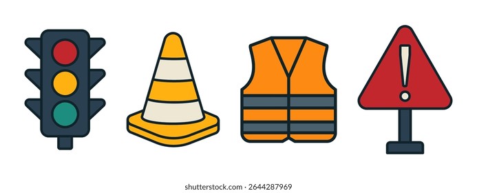Las señales de advertencia de las características de seguridad vial se muestran juntas
