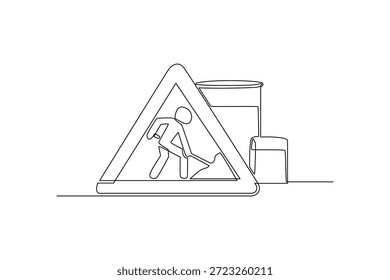 Ein Warnschild am Einsatzort. Bau Straße Dan Gebäudekonzept. Einzeiliges Zeichnungsdesign. Vektorgrafik
