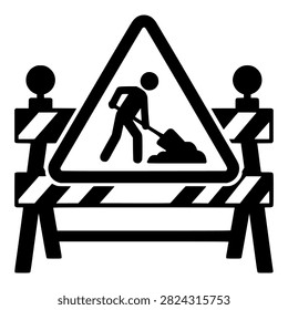 Roadworks Warning Sign with Worker Digging and Striped Barriers, Black Vector Silhouette for Road Safety and Construction Site Signage
