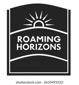 Roaming horizons brand mark with sunrise graphic in black and white on white