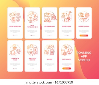 Roaming, telecommunication onboarding mobile app page screen with concepts set. Mobile services walkthrough 5 steps graphic instructions. UI vector template with RGB color illustrations