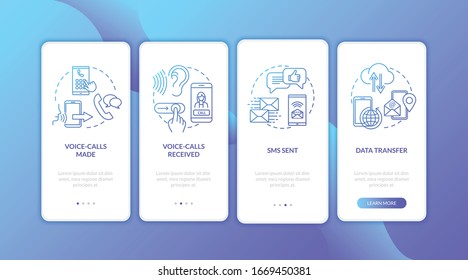 Roaming voice-calls onboarding mobile app page screen with concepts. Data transfer and SMS, mobile services walkthrough 4 steps graphic instructions. UI vector template with RGB color illustrations