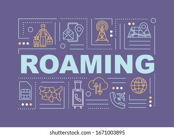 Roaming word, wireless telecommunication concepts banner. Communication service. Infographics with linear icons on purple background. Isolated typography. Vector outline RGB color illustration