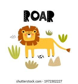 roar. cartoon lion, hand drawing lettering. flat style, colorful vector for kids. baby design for cards, poster decoration, print