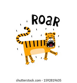 roar. cartoon tiger with hand drawing lettering, decor elements. Colorful flat style vector for kids. baby design for cards, poster decoration, t-shirt print