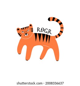roar. cartoon tiger, hand drawing lettering. flat style, colorful vector for kids. baby design for cards, poster decoration, print