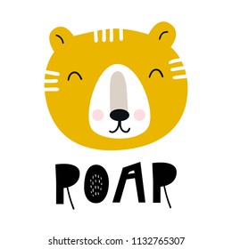 Roar - Cute hand drawn nursery poster with cartoon tiger and lettering. Vector illustration in scandinavian style.