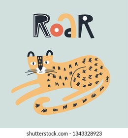 Roar - Cute kids hand drawn nursery poster with jaguar animal and lettering. Color vector illustration in scandinavian style.