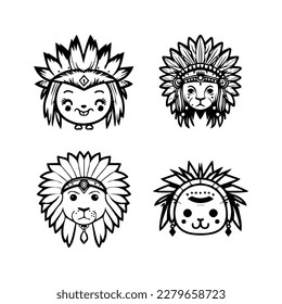 Roar with cuteness. Our kawaii lion head wearing Indian chief accessories collection is here. Hand drawn with love, these illustrations are sure to add a playful touch to your project