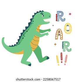 Roar dinosaur t-rex typography for print on tee. Cool dino tyrannosaur Perfect for decoration, nursery t-shirt, kids apparel, invitation, simple child design. Vector illustration isolated