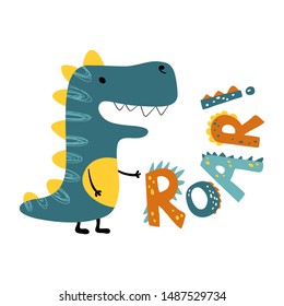 Roar dinosaur. Vector funny lettering quote with dino icon, scandinavian hand drawn illustration for greeting card, t shirt, print, stickers, posters design.