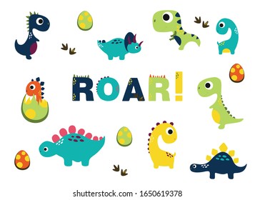 Roar dinosaur. Vector funny lettering quote with dino icon, scandinavian hand drawn illustration for greeting card, t shirt, print, stickers, posters design.