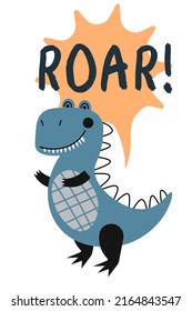 Roar dinosaur. Vector funny lettering quote with dino icon, scandinavian hand drawn illustration for greeting card, t shirt, print, stickers, posters design. EPS