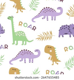 Roar dinosaurs seamless pattern. Cute cartoon Dino in flat style.