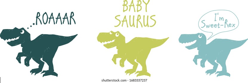 Dinosaurios ruares, sauro de bebé, bebé de dino dulce. Diseño de pantalones en forma de doodle de dinosaurio. Graciosa colección Dino. Diseño textil para niños de fondo blanco. Dibujo vectorial monstruo de caricatura.