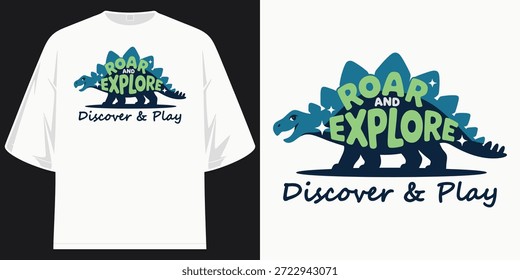 roar explore discover play cute dinosaur graphic apparel print for kids children boys girls youth design art t shirt design vector illustration artwork

