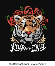 roar with grace slogan with tiger head and roses crown vector illustration on black background