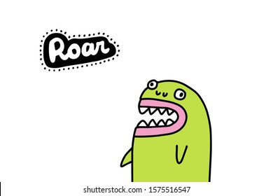 Roar hand drawn vector illustration in cartoon comic style strange monster green with open mouth lettering