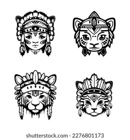 Roar into adventure with this cute anime tiger head wearing Indian chief accessories. This Hand drawn, kawaii collection set is sure to delight