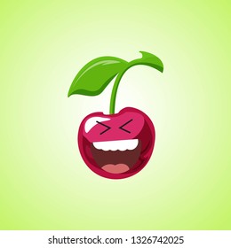 Roar with laughter symbol of the cherry. Cute icon of the cherry isolated on green background. LOL symbol. Vector illustration EPS 10.