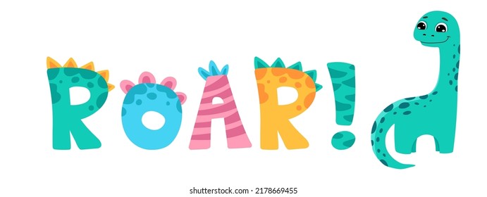 Roar lettering. Cute childish font for birthday greeting card, baby shower invitation, posters. Vector cartoon illustration in scandinavian style.