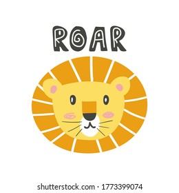 Roar lettering with lion face. Cartoon kid leo animal nursery or baby shower print with heart, vector hand drawn illustration