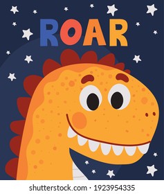 Roar Lettering And One Kids Illustration Of A Orange Dinosaur Vector Illustration Design