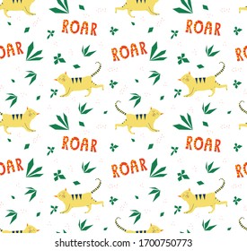 ROAR. Purring cat style tiger hand drawn vector illustration and lettering seamless pattern on white background. Doodle postcard template, T-shirt design, calligraphic banner