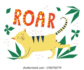 ROAR. Purring cat style tiger hand drawn vector illustration and lettering isolated on white background. Doodle postcard template, T-shirt design, calligraphic banner