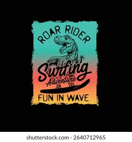 Roar Rider Surfing Adventure fun in wave dinosaur surfing vector graphic