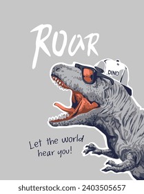 roar slogan with cartoon dinosaur in sunglasses vector illustration for boy fashion print