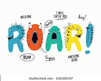 Roar slogan graphic with funny dinosaur cartoons. Vector graphics for t-shirt prints and other uses.