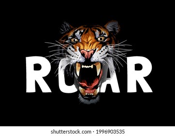 Roar Slogan With Tiger Roaring Face On Black Background Vector Illustration