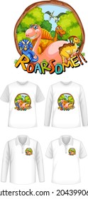 Roar Some font and Dinosaur cartoon character logo with different types of shirts illustration