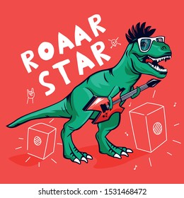 Roar star.Rock star dinosaur. Dinosaur, guitar vector print. Fun t-shirt design for kids.Cute Dinosaur character design.
