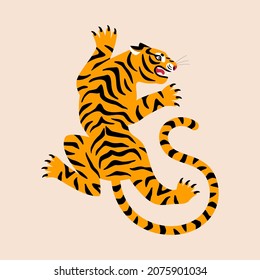 Roar tiger in classic tattoo pose. Vector illustration. Chinese New year 2022 symbol. Indian or african angry wild cat icon, cartoon poster.