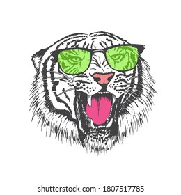 roar of tiger dressed in sunglasses.Print design.Vector illustration