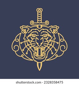 roar tiger head beast wildlife jungle swords lines minimal vintage hipster mascot logo vector icon illustration