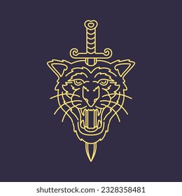 roar tiger head beast wildlife jungle swords lines minimal vintage hipster mascot logo vector icon illustration