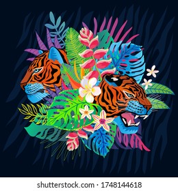 Roar tiger head wild cat in colorful floral jungle. Rainforest tropical leaves background drawing. Tiger stripes hand drawn vector character art illustration